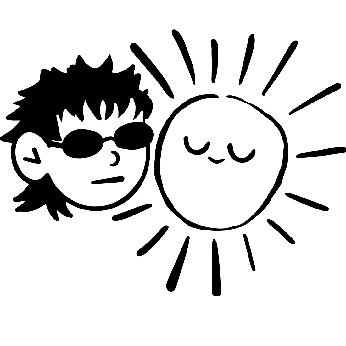 Hand-drawn illustration of a character next to a smiling sun
